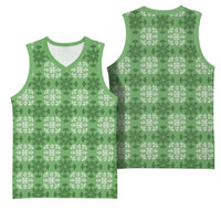 Green Hawaiian Quilt Basketball Jersey Hawaii Pineapple Monstera Palaka Motifs - Polynesian Pride