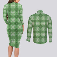 Green Hawaiian Quilt Couples Matching Long Sleeve Bodycon Dress and Long Sleeve Button Shirt Hawaii Pineapple Monstera Palaka Motifs LT14 - Polynesian Pride