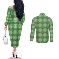 Green Hawaiian Quilt Couples Matching Off The Shoulder Long Sleeve Dress and Long Sleeve Button Shirt Hawaii Pineapple Monstera Palaka Motifs LT14 - Polynesian Pride