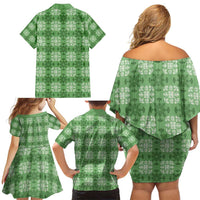 Green Hawaiian Quilt Family Matching Off Shoulder Short Dress and Hawaiian Shirt Hawaii Pineapple Monstera Palaka Motifs - Polynesian Pride