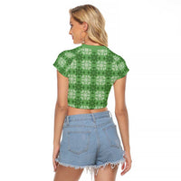 Green Hawaiian Quilt Raglan Cropped T Shirt Hawaii Pineapple Monstera Palaka Motifs - Polynesian Pride
