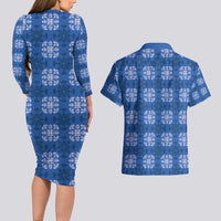 Royal Blue Hawaiian Quilt Couples Matching Long Sleeve Bodycon Dress and Hawaiian Shirt Hawaii Pineapple Monstera Palaka Motifs LT14 - Polynesian Pride