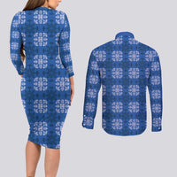 Royal Blue Hawaiian Quilt Couples Matching Long Sleeve Bodycon Dress and Long Sleeve Button Shirt Hawaii Pineapple Monstera Palaka Motifs LT14 - Polynesian Pride