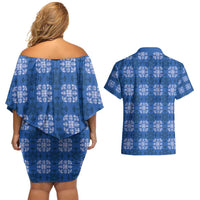 Royal Blue Hawaiian Quilt Couples Matching Off Shoulder Short Dress and Hawaiian Shirt Hawaii Pineapple Monstera Palaka Motifs LT14 - Polynesian Pride