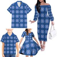 Royal Blue Hawaiian Quilt Family Matching Off The Shoulder Long Sleeve Dress and Hawaiian Shirt Hawaii Pineapple Monstera Palaka Motifs - Polynesian Pride