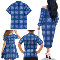 Royal Blue Hawaiian Quilt Family Matching Off The Shoulder Long Sleeve Dress and Hawaiian Shirt Hawaii Pineapple Monstera Palaka Motifs - Polynesian Pride