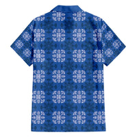 Royal Blue Hawaiian Quilt Family Matching Off The Shoulder Long Sleeve Dress and Hawaiian Shirt Hawaii Pineapple Monstera Palaka Motifs - Polynesian Pride