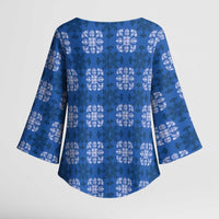 Royal Blue Hawaiian Quilt Kimono Sleeve Blouse Hawaii Pineapple Monstera Palaka Motifs - Polynesian Pride