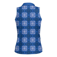 Royal Blue Hawaiian Quilt Women Sleeveless Polo Shirt Hawaii Pineapple Monstera Palaka Motifs - Polynesian Pride