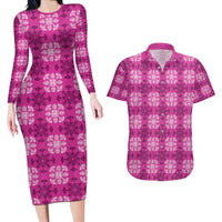 Pink Hawaiian Quilt Couples Matching Long Sleeve Bodycon Dress and Hawaiian Shirt Hawaii Pineapple Monstera Palaka Motifs LT14 Pink - Polynesian Pride