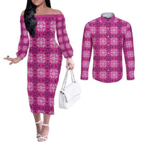 Pink Hawaiian Quilt Couples Matching Off The Shoulder Long Sleeve Dress and Long Sleeve Button Shirt Hawaii Pineapple Monstera Palaka Motifs LT14 Pink - Polynesian Pride