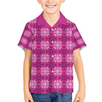 Pink Hawaiian Quilt Family Matching Off The Shoulder Long Sleeve Dress and Hawaiian Shirt Hawaii Pineapple Monstera Palaka Motifs - Polynesian Pride