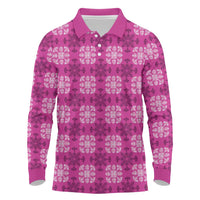Pink Hawaiian Quilt Long Sleeve Polo Shirt Hawaii Pineapple Monstera Palaka Motifs - Polynesian Pride