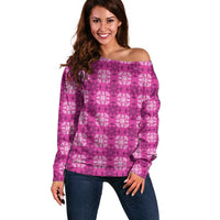 Pink Hawaiian Quilt Off Shoulder Sweater Hawaii Pineapple Monstera Palaka Motifs - Polynesian Pride
