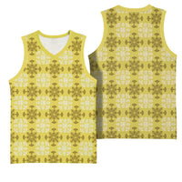 Yellow Hawaiian Quilt Basketball Jersey Hawaii Pineapple Monstera Palaka Motifs - Polynesian Pride