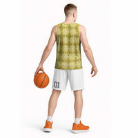 Yellow Hawaiian Quilt Basketball Jersey Hawaii Pineapple Monstera Palaka Motifs - Polynesian Pride