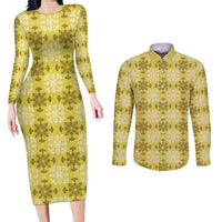 Yellow Hawaiian Quilt Couples Matching Long Sleeve Bodycon Dress and Long Sleeve Button Shirt Hawaii Pineapple Monstera Palaka Motifs LT14 Yellow - Polynesian Pride
