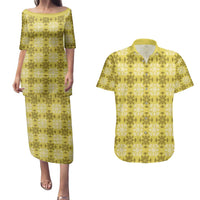 Yellow Hawaiian Quilt Couples Matching Puletasi and Hawaiian Shirt Hawaii Pineapple Monstera Palaka Motifs - Polynesian Pride