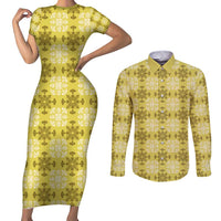 Yellow Hawaiian Quilt Couples Matching Short Sleeve Bodycon Dress and Long Sleeve Button Shirt Hawaii Pineapple Monstera Palaka Motifs LT14 Yellow - Polynesian Pride