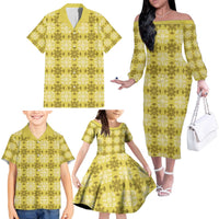 Yellow Hawaiian Quilt Family Matching Off The Shoulder Long Sleeve Dress and Hawaiian Shirt Hawaii Pineapple Monstera Palaka Motifs - Polynesian Pride
