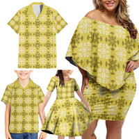 Yellow Hawaiian Quilt Family Matching Off Shoulder Short Dress and Hawaiian Shirt Hawaii Pineapple Monstera Palaka Motifs - Polynesian Pride