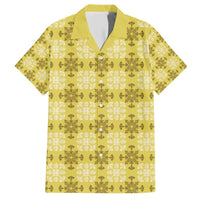 Yellow Hawaiian Quilt Family Matching Short Sleeve Bodycon Dress and Hawaiian Shirt Hawaii Pineapple Monstera Palaka Motifs - Polynesian Pride