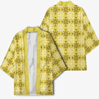 Yellow Hawaiian Quilt Kimono Hawaii Pineapple Monstera Palaka Motifs - Polynesian Pride