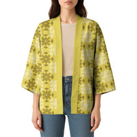 Yellow Hawaiian Quilt Kimono Hawaii Pineapple Monstera Palaka Motifs - Polynesian Pride