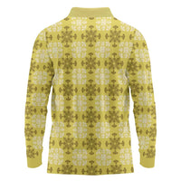 Yellow Hawaiian Quilt Long Sleeve Polo Shirt Hawaii Pineapple Monstera Palaka Motifs - Polynesian Pride