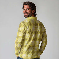 Yellow Hawaiian Quilt Long Sleeve Polo Shirt Hawaii Pineapple Monstera Palaka Motifs - Polynesian Pride