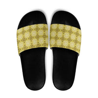 Yellow Hawaiian Quilt Slide Sandals Hawaii Pineapple Monstera Palaka Motifs - Polynesian Pride