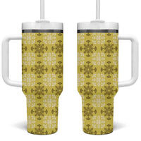 Yellow Hawaiian Quilt Tumbler With Handle Hawaii Pineapple Monstera Palaka Motifs - Polynesian Pride