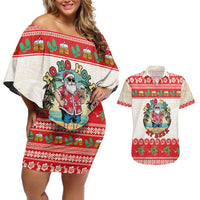 Mele Kalikimaka Hawaii Couples Matching Off Shoulder Short Dress and Hawaiian Shirt Funny Beer-Loving Santa Hawaiian Tropical - Polynesian Pride
