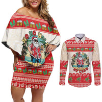 Mele Kalikimaka Hawaii Couples Matching Off Shoulder Short Dress and Long Sleeve Button Shirt Funny Beer-Loving Santa Hawaiian Tropical - Polynesian Pride