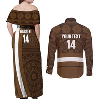 Bula Fiji Football Custom Couples Matching Off Shoulder Maxi Dress and Long Sleeve Button Shirt One Vanua One Team Tapa Pattern