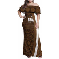 Bula Fiji Football Custom Family Matching Off Shoulder Maxi Dress and Hawaiian Shirt One Vanua One Team Tapa Pattern LT14 Mom's Dress Brown - Polynesian Pride