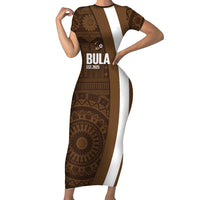 Bula Fiji Football Custom Family Matching Short Sleeve Bodycon Dress and Hawaiian Shirt One Vanua One Team Tapa Pattern LT14 Mom's Dress Brown - Polynesian Pride