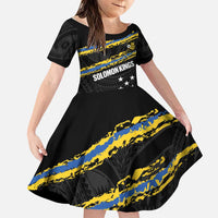 Kings Solomon Islands Football Custom Family Matching Off Shoulder Maxi Dress and Hawaiian Shirt Come On Solomons Polynesian Grunge Style LT14 Daughter's Dress Black - Polynesian Pride