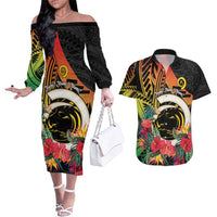 Vanuatu Boar Tusk Yumi Yumi Yumi Couples Matching Off The Shoulder Long Sleeve Dress and Hawaiian Shirt Independens Dei Long God Yumi Stanap LT14 Black - Polynesian Pride