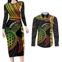 Vanuatu Sand Drawing Turtle Couples Matching Long Sleeve Bodycon Dress and Long Sleeve Button Shirt Happy Independence Day