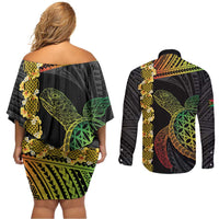 Vanuatu Sand Drawing Turtle Couples Matching Off Shoulder Short Dress and Long Sleeve Button Shirt Happy Independence Day
