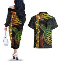 Vanuatu Sand Drawing Turtle Couples Matching Off The Shoulder Long Sleeve Dress and Hawaiian Shirt Happy Independence Day