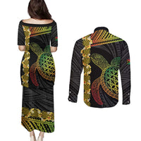 Vanuatu Sand Drawing Turtle Couples Matching Puletasi and Long Sleeve Button Shirt Happy Independence Day