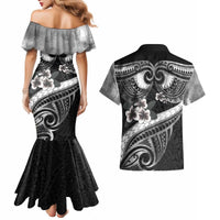 Black Polynesia Couples Matching Mermaid Dress and Hawaiian Shirt Tribal Pattern Tropical Frangipani