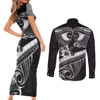 Black Polynesia Couples Matching Short Sleeve Bodycon Dress and Long Sleeve Button Shirt Tribal Pattern Tropical Frangipani