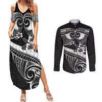 Black Polynesia Couples Matching Summer Maxi Dress and Long Sleeve Button Shirt Tribal Pattern Tropical Frangipani