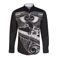 Black Polynesia Long Sleeve Button Shirt Tribal Pattern Tropical Frangipani