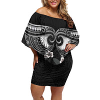 Black Polynesia Off Shoulder Short Dress Tribal Pattern Tropical Frangipani