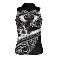 Black Polynesia Women Sleeveless Polo Shirt Tribal Pattern Tropical Frangipani