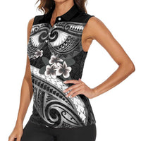 Black Polynesia Women Sleeveless Polo Shirt Tribal Pattern Tropical Frangipani